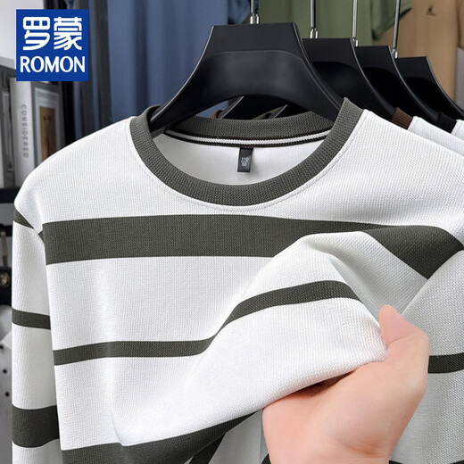 ROMON Men's Long Sleeve T-Shirt Striped Round Neck Contrast Color Top Spring and Autumn 2026 New Youth Round Neck Pullover Sweatshirt Brown M 48