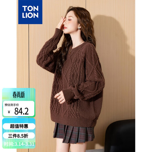 TonLion 2024 Women's Round Neck Solid Color Cable Sweater Dark Brown M