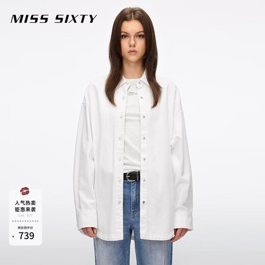 MISS SIXTY2026 spring new long-sleeved denim shirt for women cotton and linen simple white pocket casual commuting white XS
