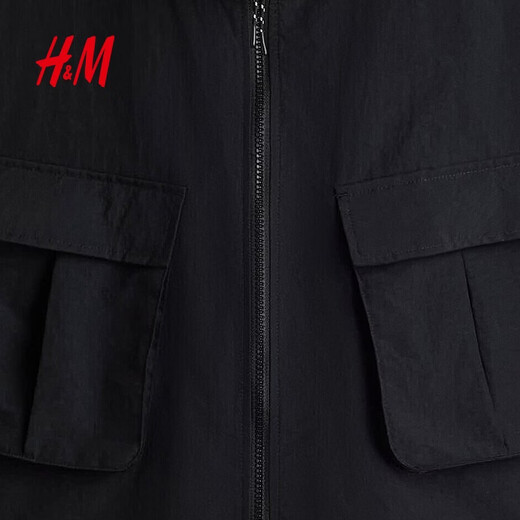 H&M Men's Jacket Spring New Stand Collar Slightly Loose Jacket Outdoor Windproof and Hydrophobic Overshirt 1326422 Black XS 165/84