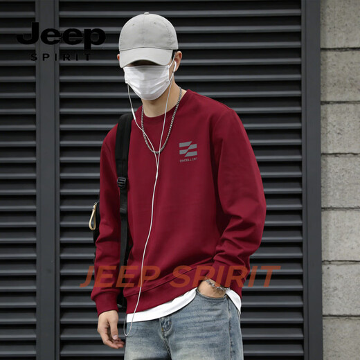 JEEP SPIRIT crew neck sweatshirt men's loose trendy casual bottoming shirt men's 2026 spring long-sleeved T-shirt top black 3XL 190-220Jin Jin equals 0.5 kg