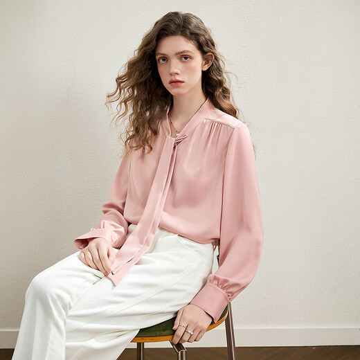 KBNE French retro white shirt women's 2026 spring new long-sleeved ribbon shirt design unique top pink XS