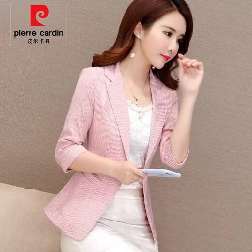 Pierre Cardin three-quarter sleeve striped small suit women's short jacket 2026 autumn new Korean style slim suit top thin pink L 103-111Jin Jin equals 0.5 kg