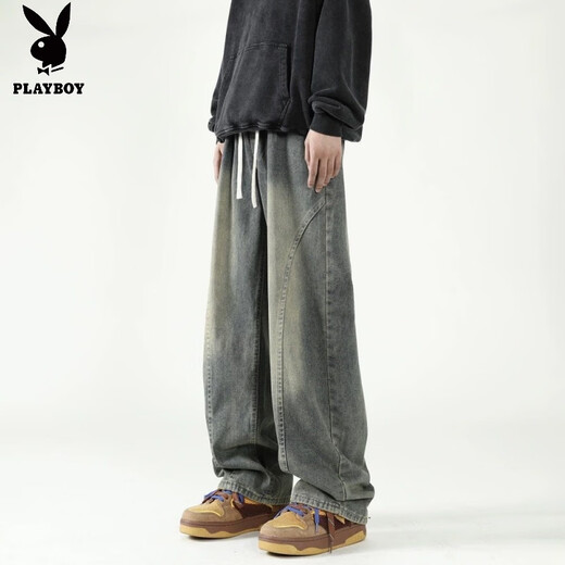 Playboy (PLAYBOY) striped short-sleeved t-shirt summer men's suit handsome with design high street jeans student thin set two-piece set A57 blue + yellow mud jeans M recommended 85-105Jin Jin equals 0.5 kg