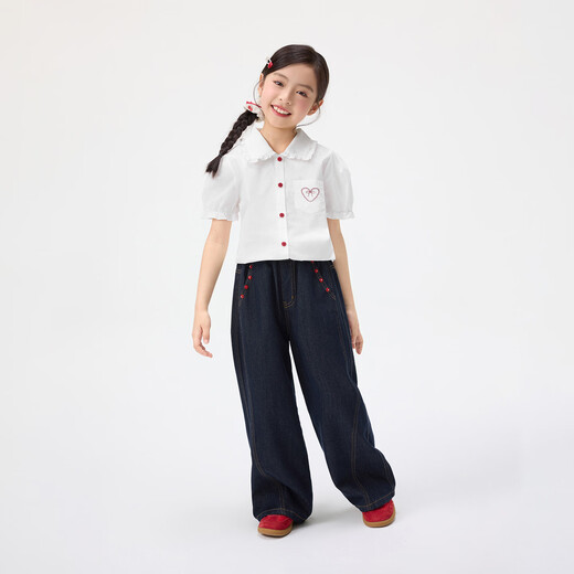 Xiaoyinman children's clothing girls' puff sleeve pure cotton shirt with love embroidery 26 spring fashion lapel top for big children, white 120