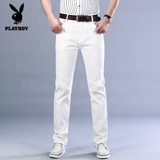 Playboy (PLAYBOY) high-end khaki jeans men's slim straight pants spring and summer new fashion brand men's denim long pants white 30_size_waist 2 feet 3