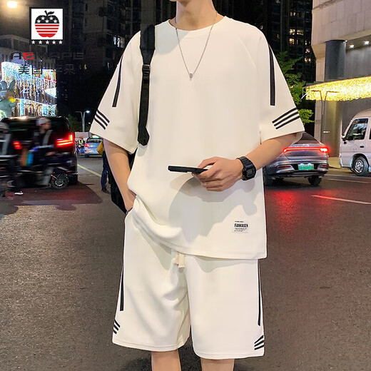 AEMAPE休闲运动套装男夏季新款宽松冰丝短袖t恤男士短裤搭配帅气一整套 FKS653白色套装 2XL 约150-170斤可穿