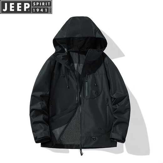 JEEP SPIRIT Jacket Men's and Women's Spring and Autumn Couple's Outdoor Sports Top Windproof Waterproof Hooded Warm and Versatile Xuanwu Black 25636 Same Style for Men and Women XS Recommended 90-105Jin Jin is equal to 0.5kg
