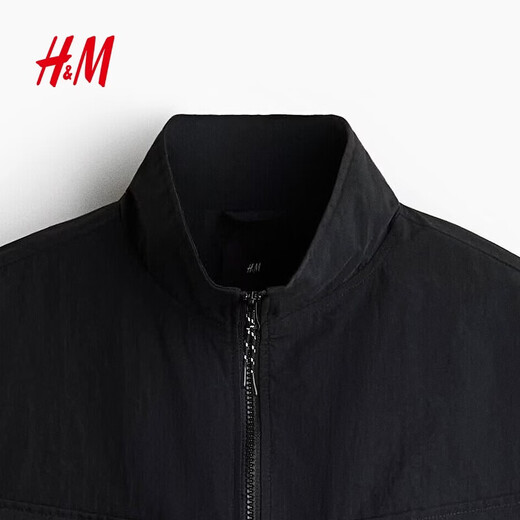H&M Men's Jacket Spring New Stand Collar Slightly Loose Jacket Outdoor Windproof and Hydrophobic Overshirt 1326422 Black XS 165/84