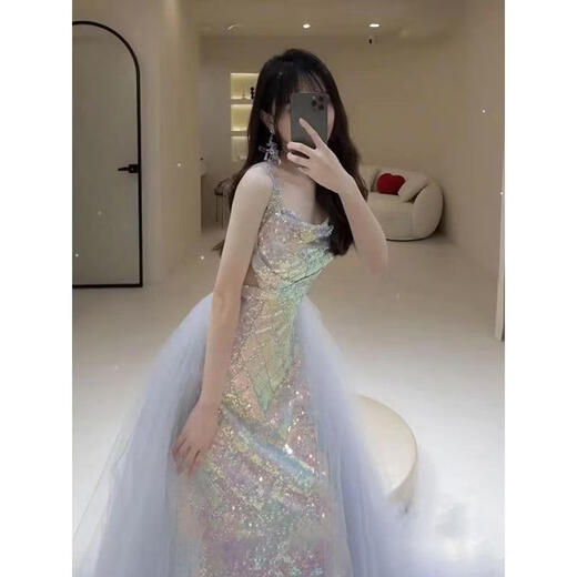 Mofu Banquet Evening Dress 2026 Suspender Mermaid Girl Sequins Socialite Party Performance Host Dress Dress Mermaid Girl XS