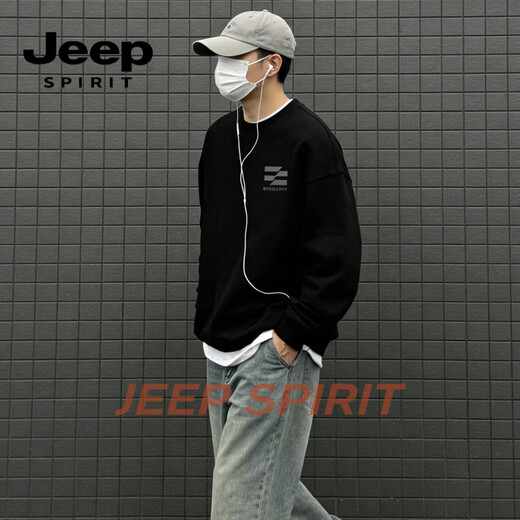 JEEP SPIRIT crew neck sweatshirt men's loose trendy casual bottoming shirt men's 2026 spring long-sleeved T-shirt top black 3XL 190-220Jin Jin equals 0.5 kg