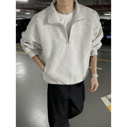 DEREJERINE American shoulder half-zip stand-up collar sweatshirt men's spring heavyweight inner layer cleanfit couple jacket black L 120-135Jin Jin equals 0.5 kg