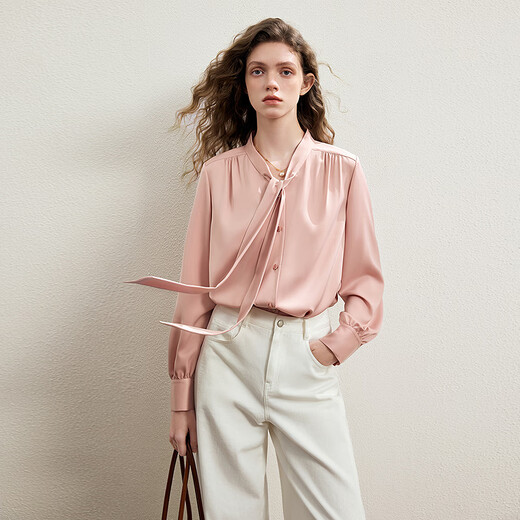 KBNE French retro white shirt women's 2026 spring new long-sleeved ribbon shirt design unique top pink XS