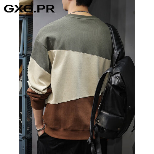 GXG.PR Diseño de costura con sentido, color contrastante, sudadera para hombre, otoño e invierno, cuello redondo suelto, camisa de manga larga, marca de moda estadounidense, top atractivo, gris, verde, M, peso adecuado 100-120 Jin Jin equivale a 0,5 kg