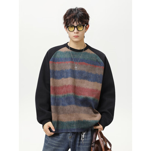Pure (YISHion) American retro striped round neck bottoming sweatshirt for men spring new city trendy brand retro color matching gradient couple tops men black M