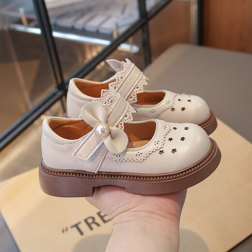 Girls' Shoes Children's Princess Small Leather Shoes 2026 Spring New Baby Girl Simple Campus Girls Black Single Shoes Off-White Size 34 Inner Length Approximately 20.8cm
