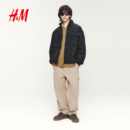 H&M Men's Jacket Spring New Stand Collar Slightly Loose Jacket Outdoor Windproof and Hydrophobic Overshirt 1326422 Black XS 165/84
