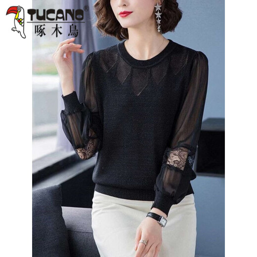 Woodpecker lace sweater for women 2026 spring and summer thin sweater, fashionable and age-reducing outer wear, loose belly-covering mesh long-sleeved bottoming, apricot M 85-95Jin Jin equals 0.5 kg