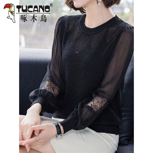 Woodpecker lace sweater for women 2026 spring and summer thin sweater, fashionable and age-reducing outer wear, loose belly-covering mesh long-sleeved bottoming, apricot M 85-95Jin Jin equals 0.5 kg