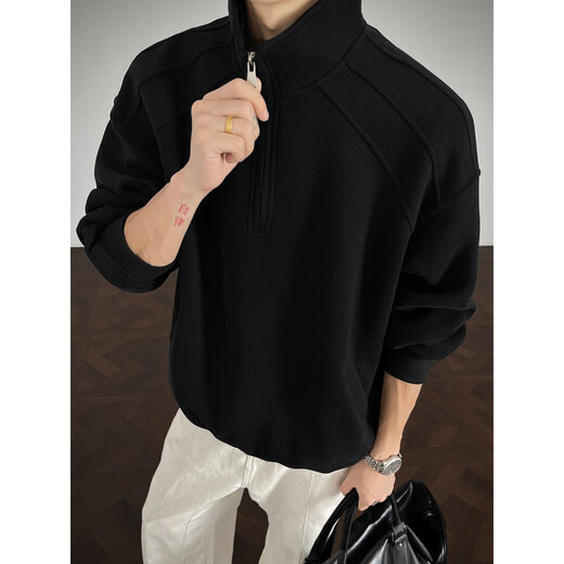 DEREJERINE American shoulder half-zip stand-up collar sweatshirt men's spring heavyweight inner layer cleanfit couple jacket black L 120-135Jin Jin equals 0.5 kg