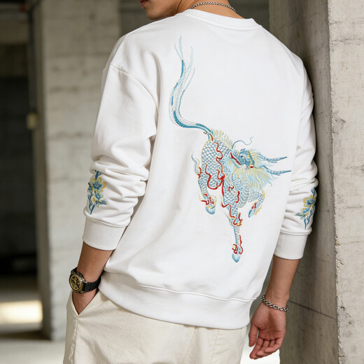 JEEP SPIRIT Year of the Dragon Limited Sweater Men's 2026 Spring National Style Embroidered Embossed Top Loose Large Size Round Neck White Regular 2XL 175-185cm 180-210Jin Jin is equal to 0.5 kg
