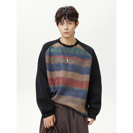 Pure (YISHion) American retro striped round neck bottoming sweatshirt for men spring new city trendy brand retro color matching gradient couple tops men black M