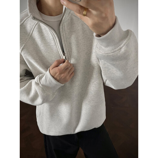 DEREJERINE American shoulder half-zip stand-up collar sweatshirt men's spring heavyweight inner layer cleanfit couple jacket black L 120-135Jin Jin equals 0.5 kg