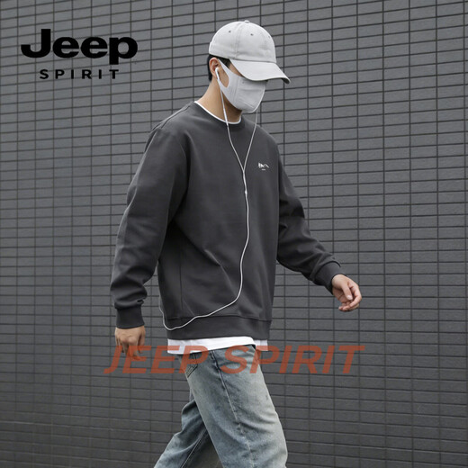 JEEP SPIRIT American Heavyweight Round Neck Sweater Men's Loose Embroidered Couple Tops 2026 Spring Velvet Long Sleeve Jacket Black S 70 - 90 Jin Jin is equal to 0.5 kg