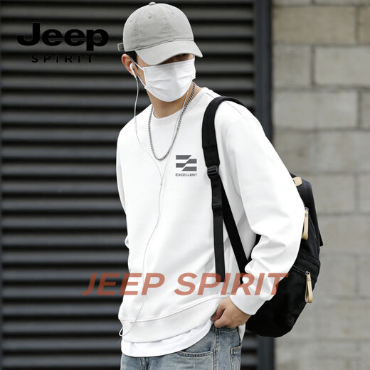 JEEP SPIRIT crew neck sweatshirt men's loose trendy casual bottoming shirt men's 2026 spring long-sleeved T-shirt top black 3XL 190-220Jin Jin equals 0.5 kg
