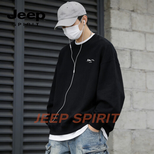 JEEP SPIRIT American Heavyweight Round Neck Sweater Men's Loose Embroidered Couple Tops 2026 Spring Velvet Long Sleeve Jacket Black S 70 - 90 Jin Jin is equal to 0.5 kg