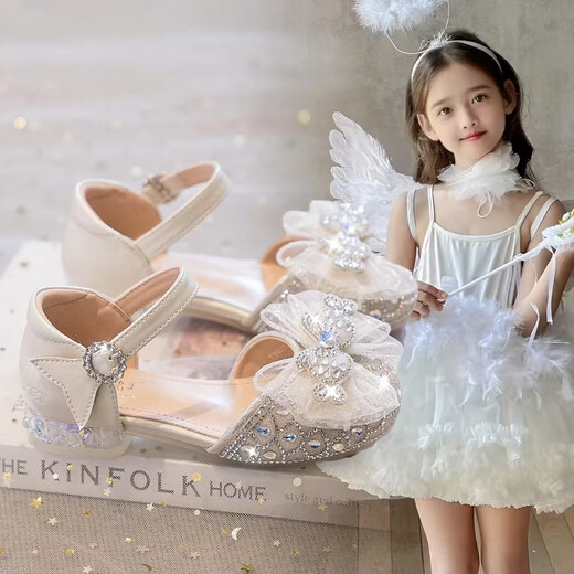 Girls Sandals 2026 Spring and Summer Children Princess Elsa Crystal Shoes for Baby Girls Soft Sole Baotou Sandals Dress High Heels Beige Customized Version 28 Inner Length 17.7