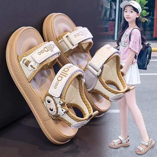LINGLI Girls Sandals Summer 2026 New Children's Shoes Princess Sandals Fashionable Soft Soled Little Girls Roman Beach Shoes Khaki 26