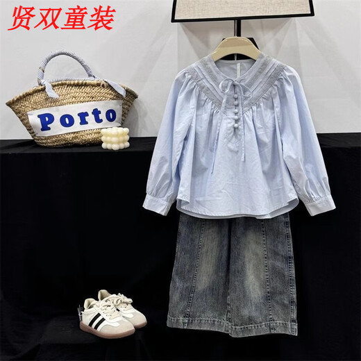 Disney (Disney) 2026 spring new style retro style girls long-sleeved shirt blue lace-up shirt 110