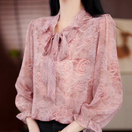 Spring and summer hot style 2026 new V-neck high-end small shirts, temperament pullover shirts, fashionable tops for women, bean paste powder (sprinkled silver) 2XL (recommended 120-129 Jin Jin equals 0.5 kg)