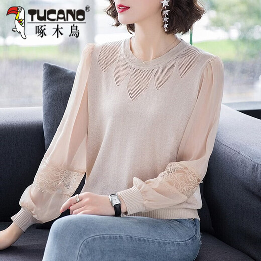 Woodpecker lace sweater for women 2026 spring and summer thin sweater, fashionable and age-reducing outer wear, loose belly-covering mesh long-sleeved bottoming, apricot M 85-95Jin Jin equals 0.5 kg