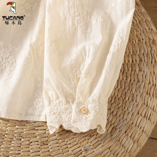 Woodpecker French retro lace collar embroidered shirt for women 2026 Chunsen style literary style colorful button bottoming shirt top apricot S 75-95Jin Jin equals 0.5 kg