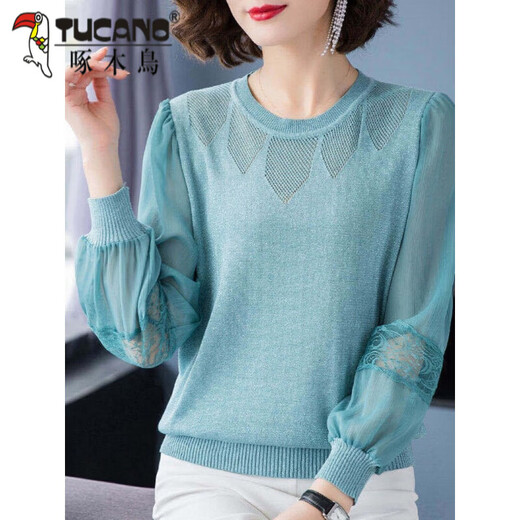Woodpecker lace sweater for women 2026 spring and summer thin sweater, fashionable and age-reducing outer wear, loose belly-covering mesh long-sleeved bottoming, apricot M 85-95Jin Jin equals 0.5 kg