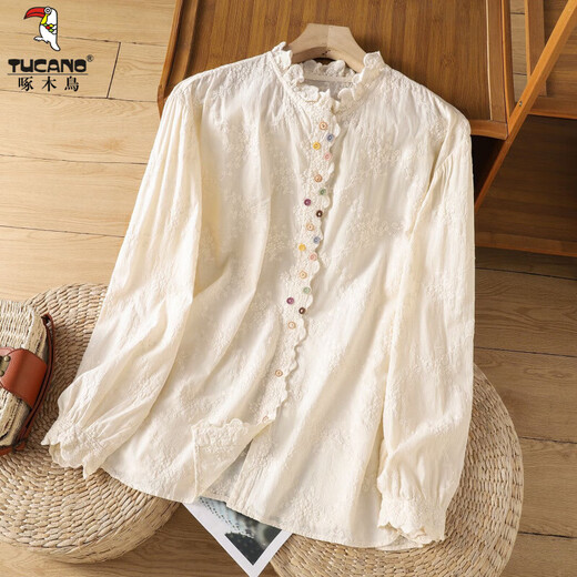Woodpecker French retro lace collar embroidered shirt for women 2026 Chunsen style literary style colorful button bottoming shirt top apricot S 75-95Jin Jin equals 0.5 kg