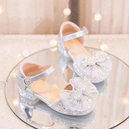 Girls Sandals 2026 Spring and Summer Children Princess Elsa Crystal Shoes for Baby Girls Soft Sole Baotou Sandals Dress High Heels Beige Customized Version 28 Inner Length 17.7