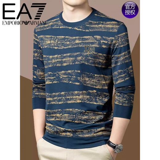 EA7 Armani high-end sweatshirt long-sleeved T-shirt for men spring and autumn trendy printed mercerized cotton striped round neck bottoming shirt Green M 165
