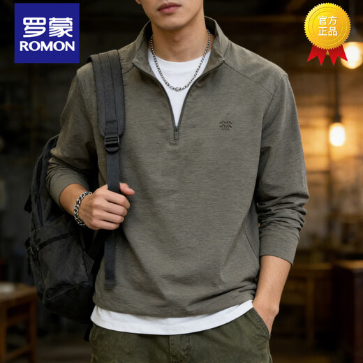 Romon half-zip sweatshirt for men 2026 spring stand-up collar thin loose casual long-sleeved bottoming shirt half-cardigan for men light gray L