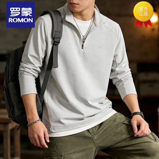 Romon half-zip sweatshirt for men 2026 spring stand-up collar thin loose casual long-sleeved bottoming shirt half-cardigan for men light gray L