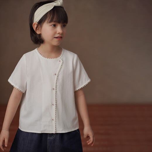 Hacikis children's clothing girls summer clothing 2026 new white lace cotton tops children's short-sleeved shirts simple design