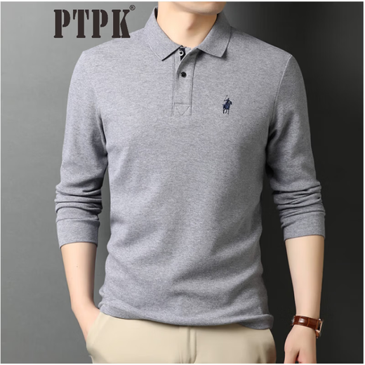 PTPK trendy brand embroidered Paul cotton long-sleeved polo shirt for men spring and autumn new business casual men's lapel T-shirt gray L 50 recommended 130-150Jin Jin equals 0.5 kg