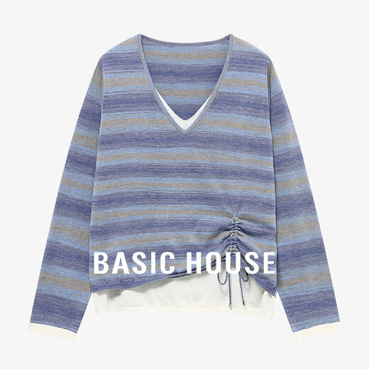 Basic House Basic House French Gradient Striped Sweater Women's Fake Two Piece Smocked Design Loose Slim Long Sleeve Top Spring Ocean Blue S