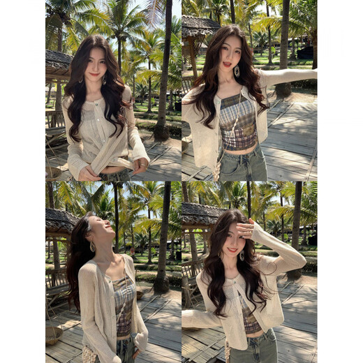 MULVAN White Tea Moonlight Hollow Linen Lyocell Sunscreen Knitted Cardigan Women's Thin Air Conditioning Cover Small Jacket Black Pre-sale S