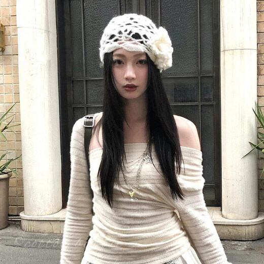 Huaxuan retro hollow flower baotou hat for women, Korean ins face-showing small pullover hat, large head circumference, versatile handmade knitted hat, white flower knitted hat