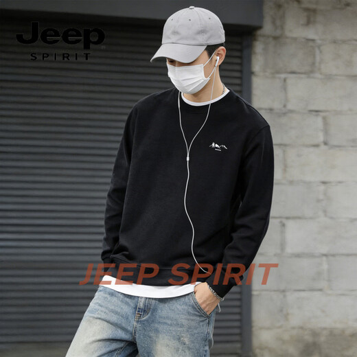 JEEP SPIRIT American Heavyweight Round Neck Sweater Men's Loose Embroidered Couple Tops 2026 Spring Velvet Long Sleeve Jacket Black S 70 - 90 Jin Jin is equal to 0.5 kg