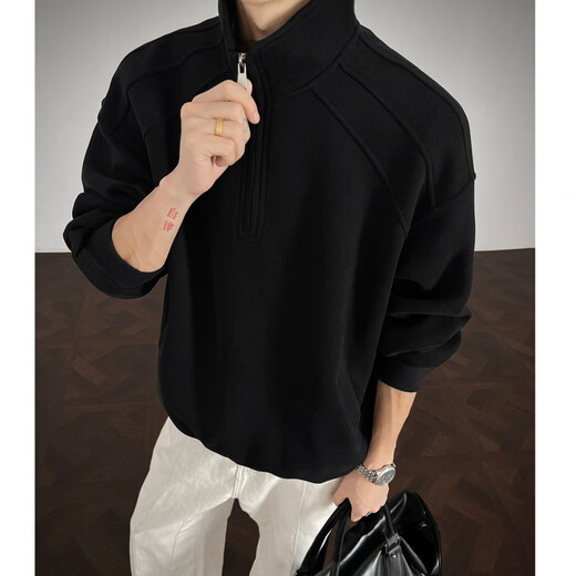 DEREJERINE American shoulder half-zip stand-up collar sweatshirt men's spring heavyweight inner layer cleanfit couple jacket black L 120-135Jin Jin equals 0.5 kg