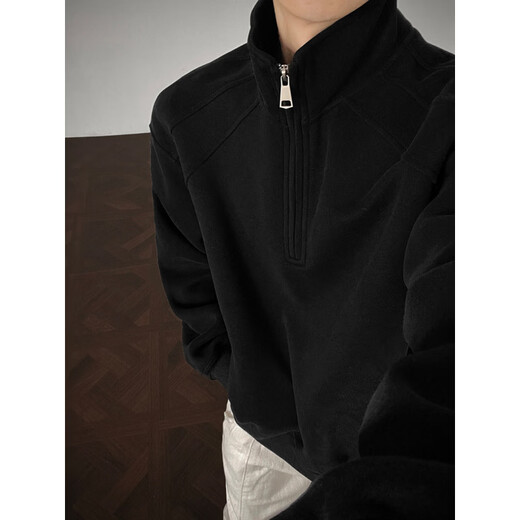 DEREJERINE American shoulder half-zip stand-up collar sweatshirt men's spring heavyweight inner layer cleanfit couple jacket black L 120-135Jin Jin equals 0.5 kg